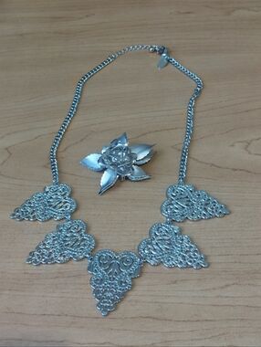 Posh Show Silver Filigree Statement Necklace and Flower Brooch - Women Jewelry